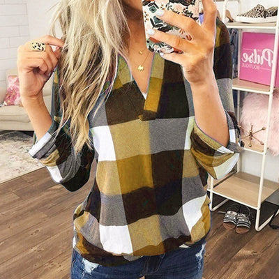 SAMIYA™ - Casual V-Neck Plaid Long Sleeve Blouse