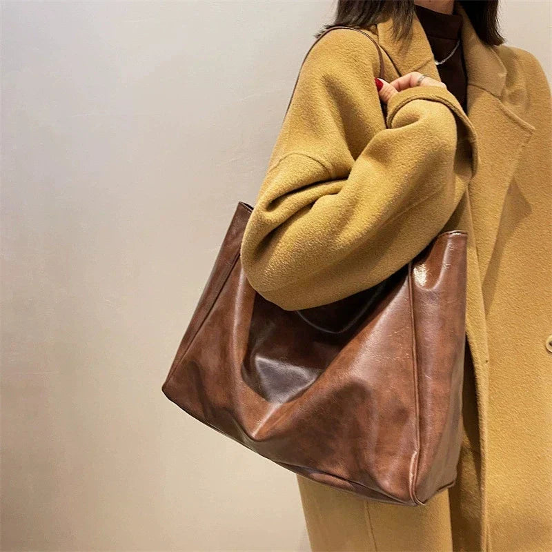 Elegant Brown Tote Bag with Leather Look